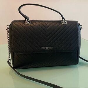 Karl Lagerfeld Paris Agyness Medium Shoulder Bag Black with silver hardware